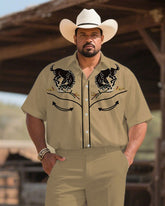 Western Denim-men's Plus Size Khaki Bullfight Pattern Symmetrical Printed Short Sleeve Shirt Trousers Suit